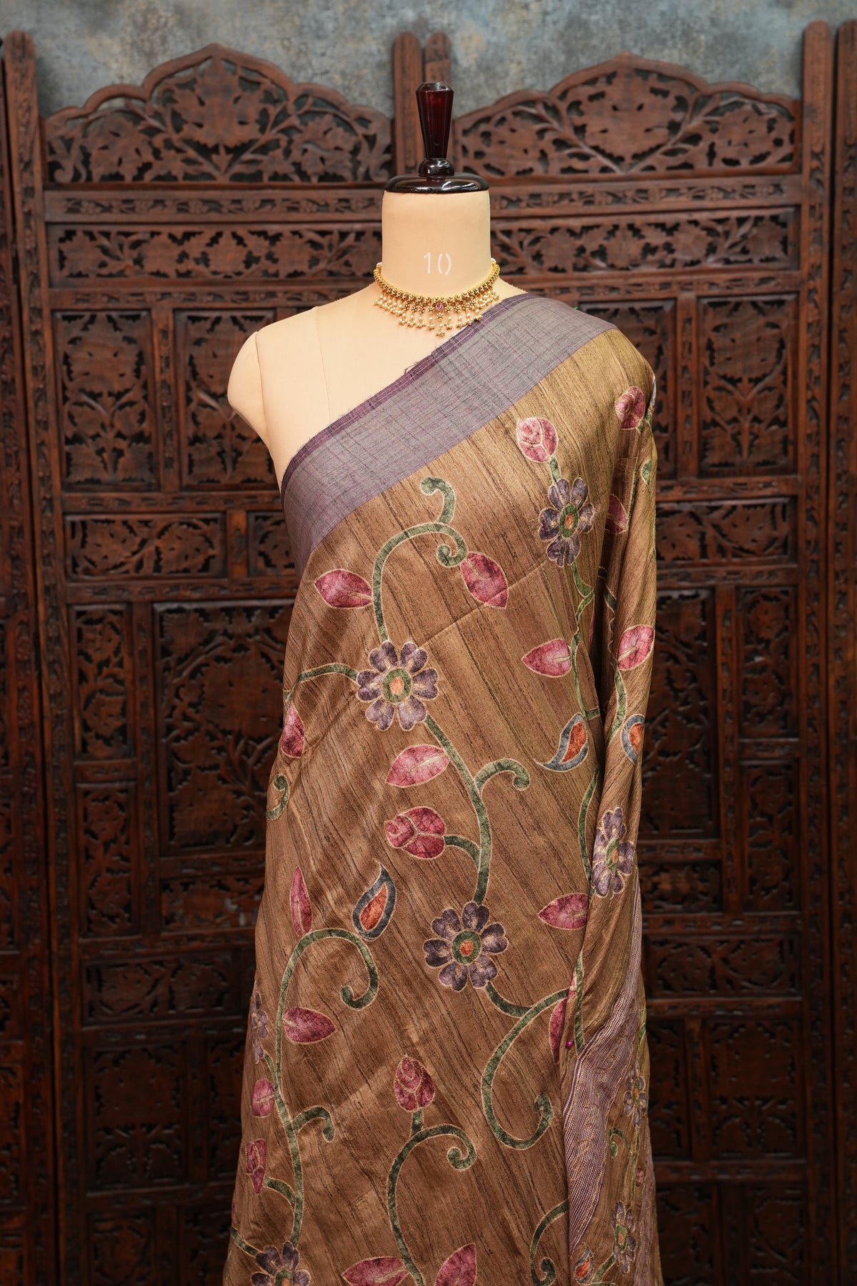 Semi Tussar Raw Silk Saree with Embroidered Floral Body & Contrast Border – Antique Gold & Plum