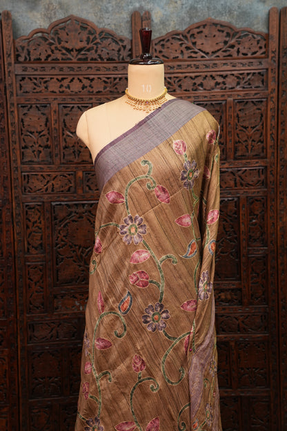 Semi Tussar Raw Silk Saree with Embroidered Floral Body & Contrast Border – Antique Gold & Plum