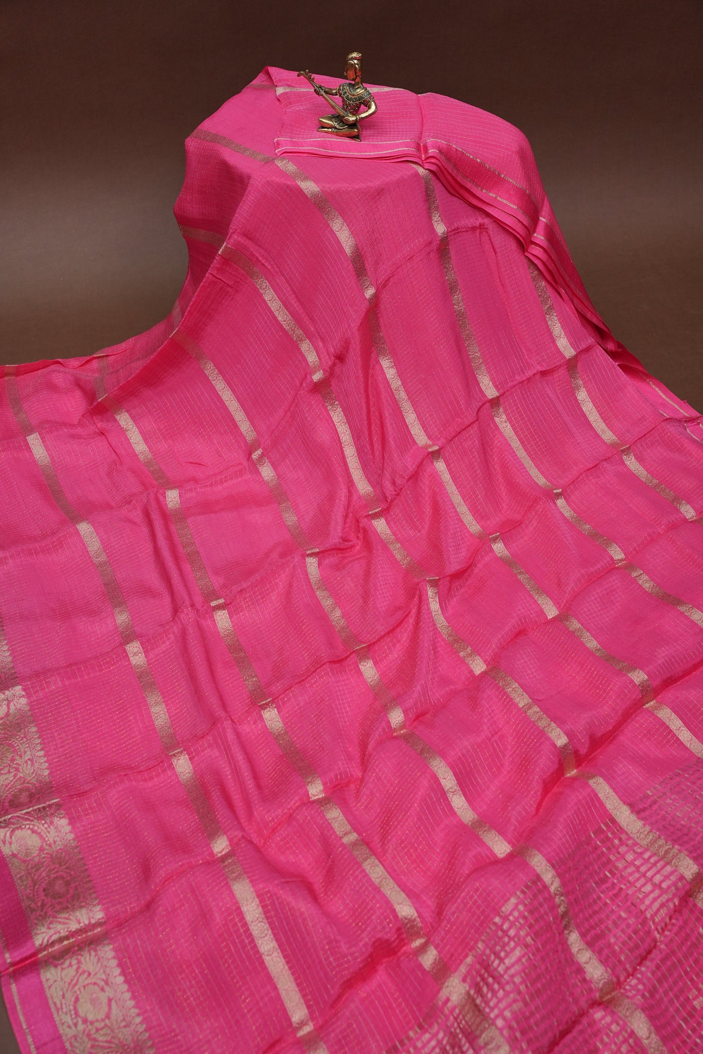 Candy Pink Crepe Silk Saree with Antique Gold Zari Border and Microchecks