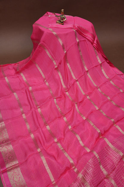 Candy Pink Crepe Silk Saree with Antique Gold Zari Border and Microchecks
