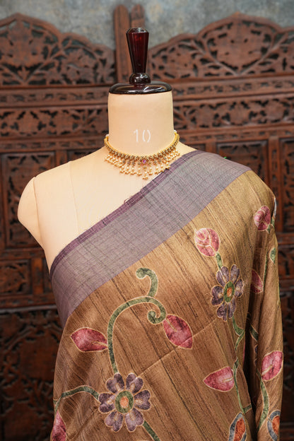 Semi Tussar Raw Silk Saree with Embroidered Floral Body & Contrast Border – Antique Gold & Plum