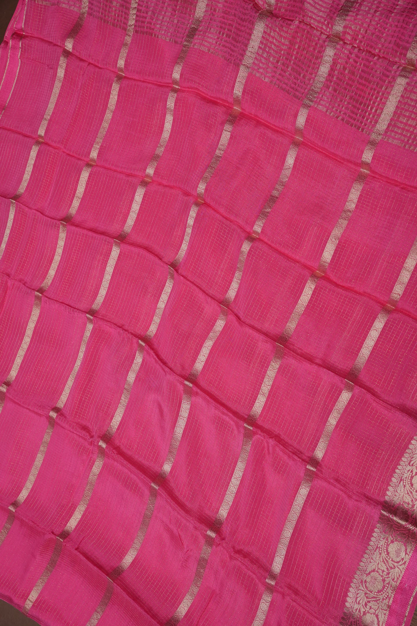 Candy Pink Crepe Silk Saree with Antique Gold Zari Border and Microchecks