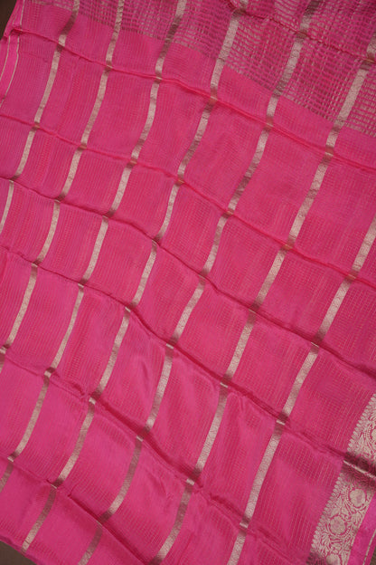 Candy Pink Crepe Silk Saree with Antique Gold Zari Border and Microchecks