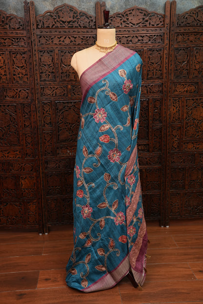 Semi Tussar Raw Silk Saree with Embroidered Floral Body & Contrast Border – Teal Blue & Wine