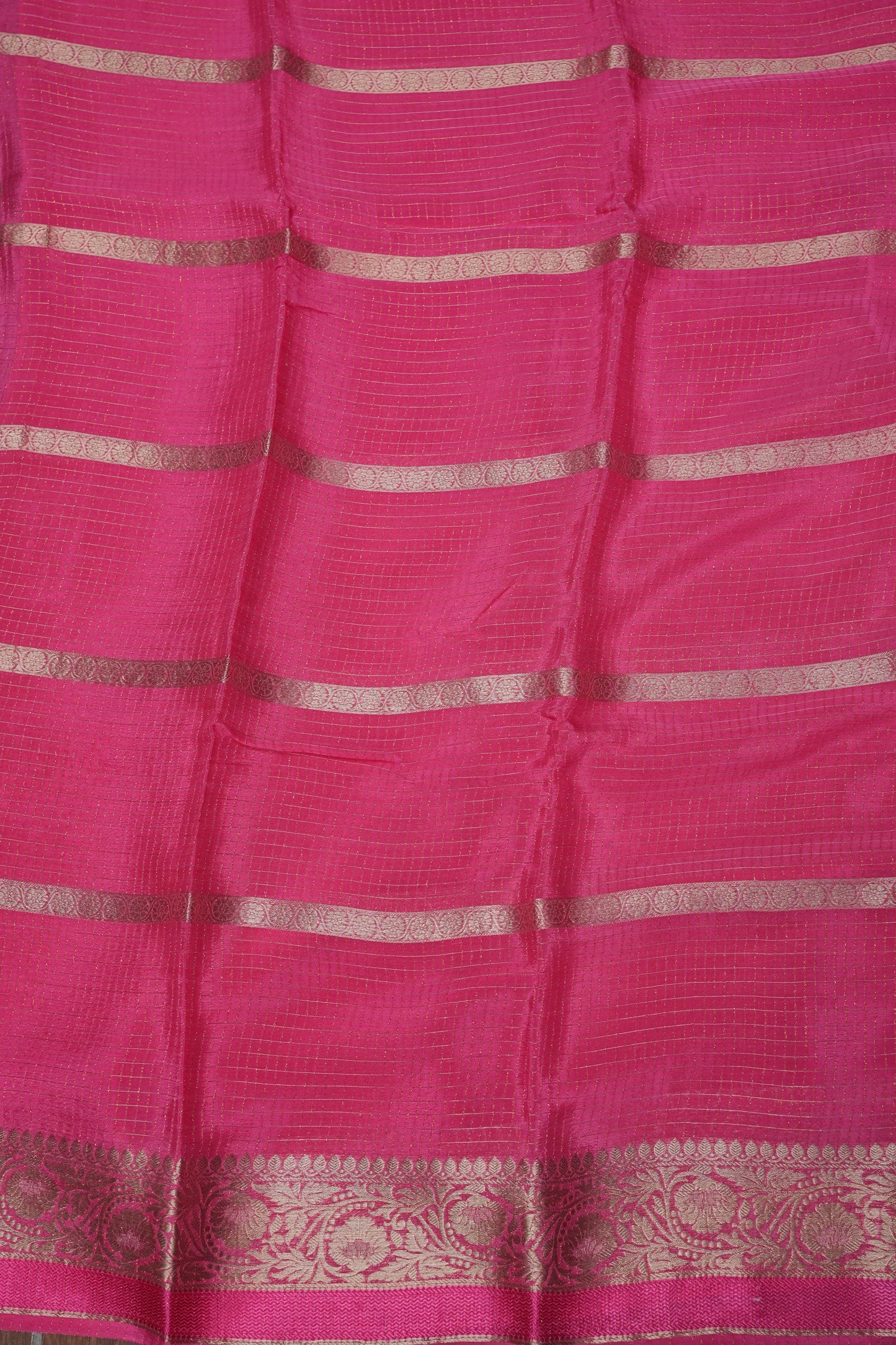 Candy Pink Crepe Silk Saree with Antique Gold Zari Border and Microchecks