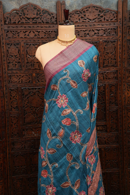 Semi Tussar Raw Silk Saree with Embroidered Floral Body & Contrast Border – Teal Blue & Wine