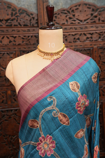 Semi Tussar Raw Silk Saree with Embroidered Floral Body & Contrast Border – Teal Blue & Wine