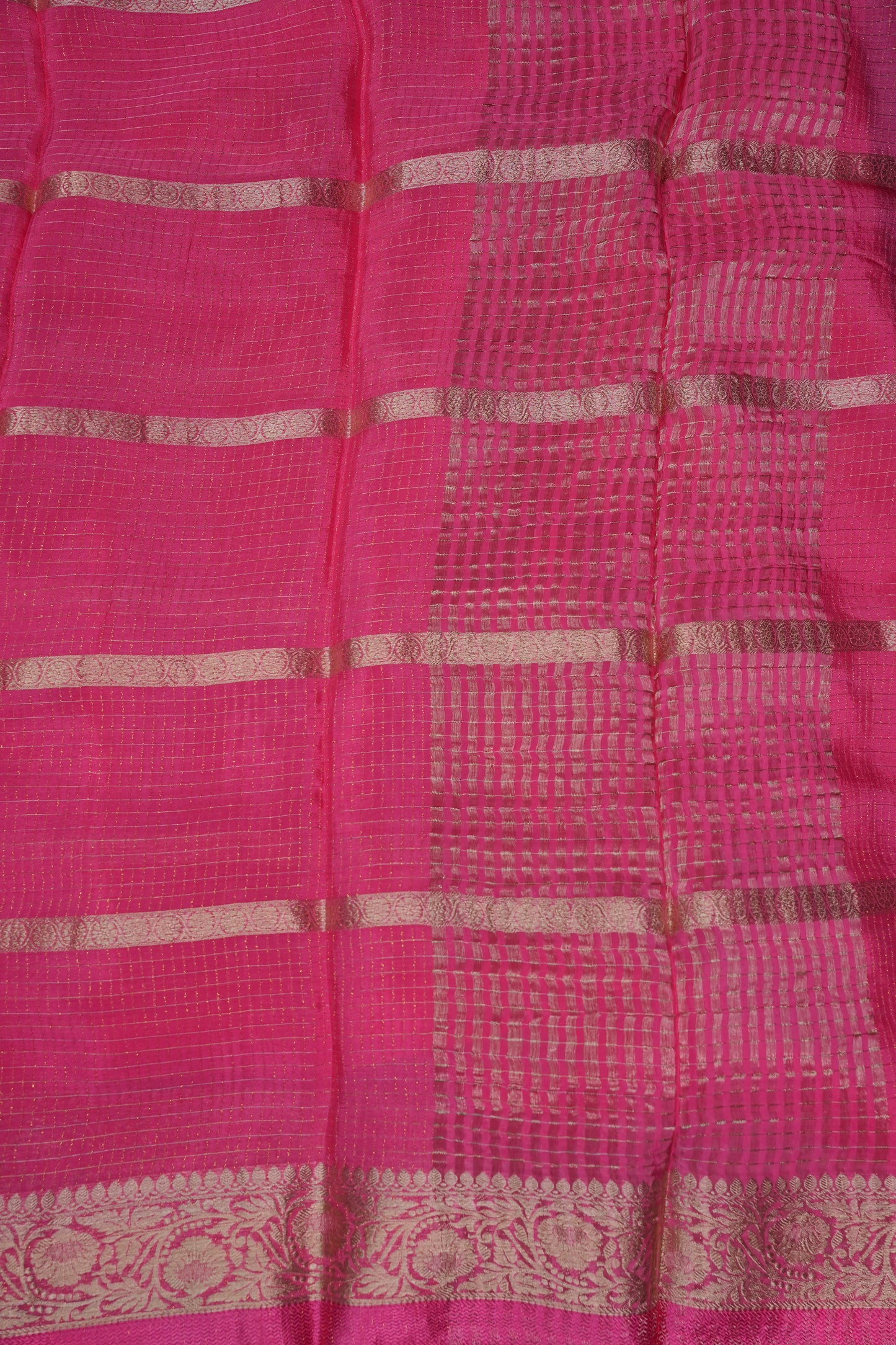 Candy Pink Crepe Silk Saree with Antique Gold Zari Border and Microchecks