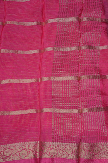 Candy Pink Crepe Silk Saree with Antique Gold Zari Border and Microchecks