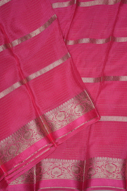 Candy Pink Crepe Silk Saree with Antique Gold Zari Border and Microchecks