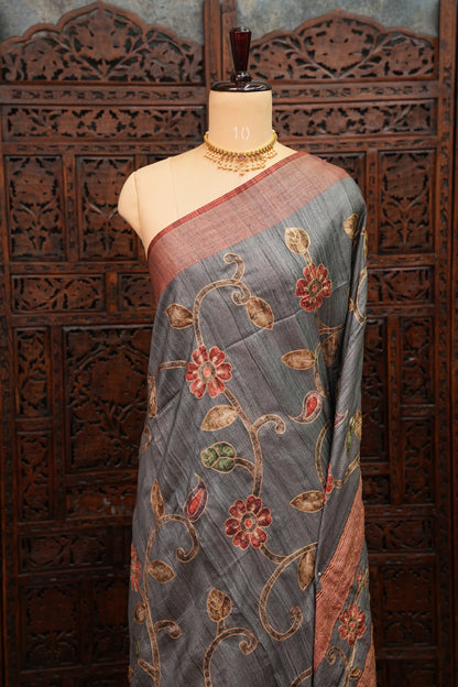 Semi Tussar Raw Silk Saree with Embroidered Floral Body & Contrast Border – Charcoal Grey & Rust