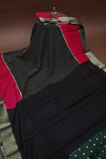 Georgette Crepe Silk Saree in Black with Red & Green Borders