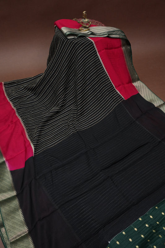 Georgette Crepe Silk Saree in Black with Red & Green Borders