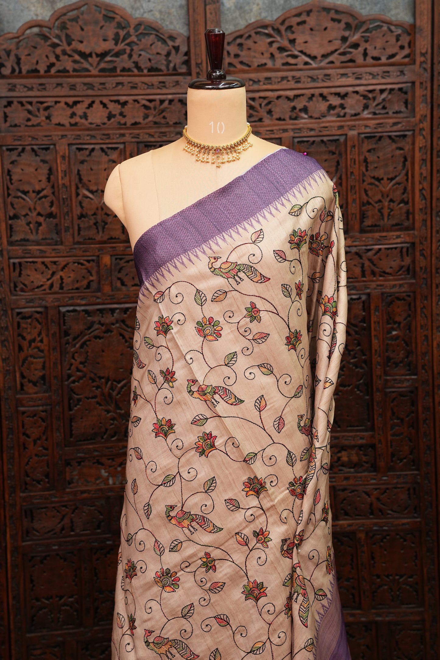 Semi Tussar Raw Silk Saree with Embroidered Body & Temple Border – Beige & Lavender Purple