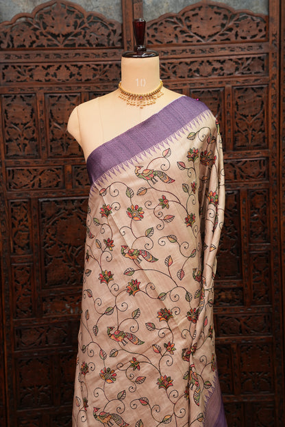 Semi Tussar Raw Silk Saree with Embroidered Body & Temple Border – Beige & Lavender Purple