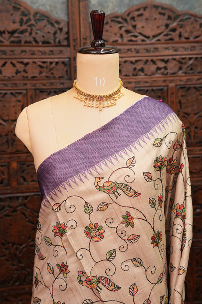 Semi Tussar Raw Silk Saree with Embroidered Body & Temple Border – Beige & Lavender Purple