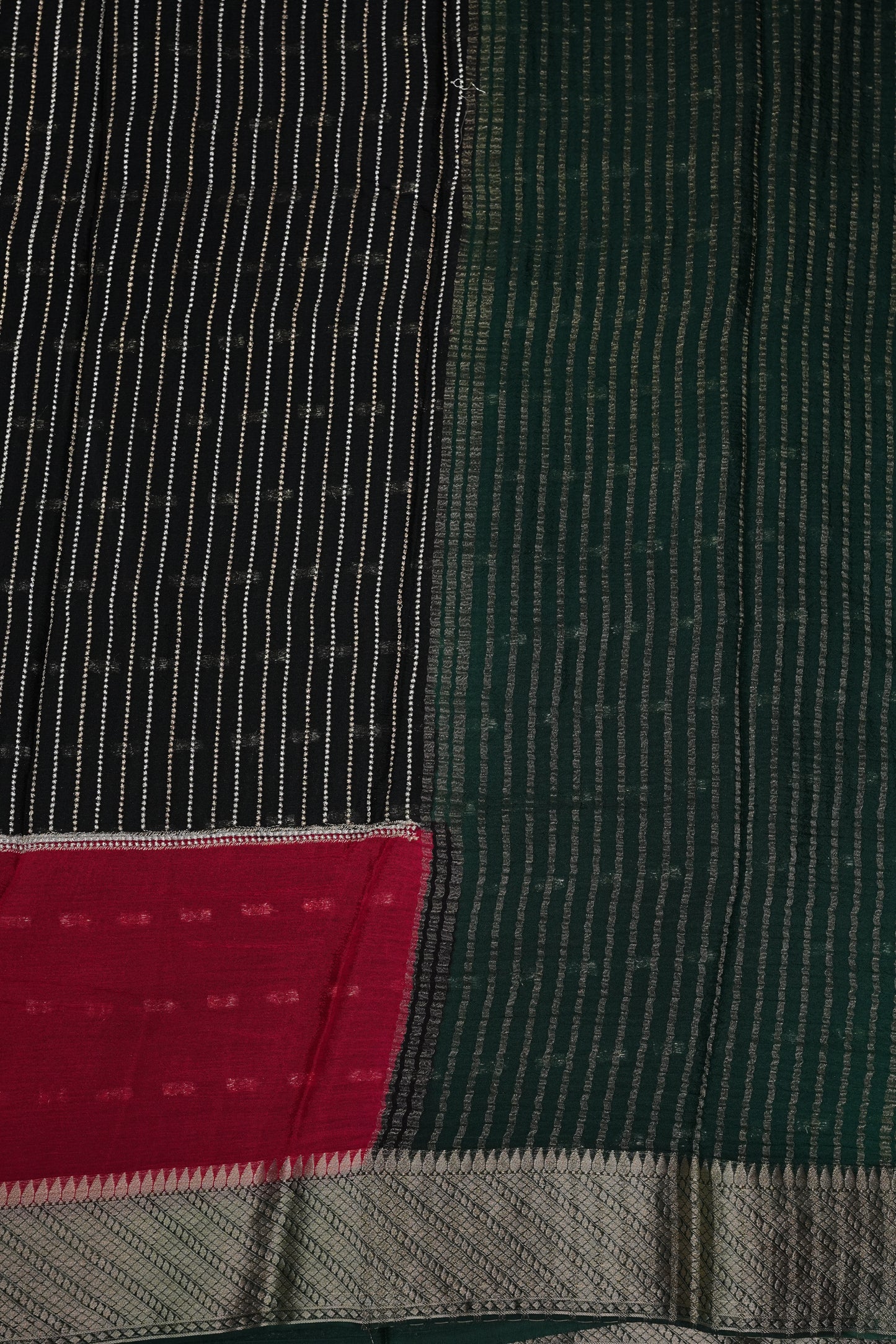 Georgette Crepe Silk Saree in Black with Red & Green Borders