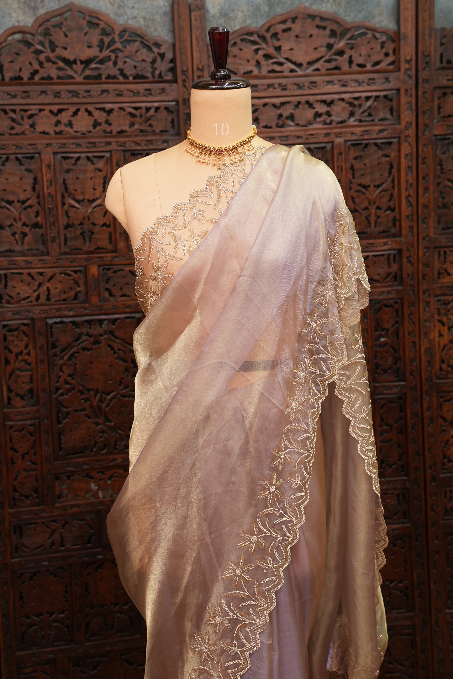 Party Wear Glass Tissue Saree with Embroidered Border & Designer Blouse – Lavender Purple