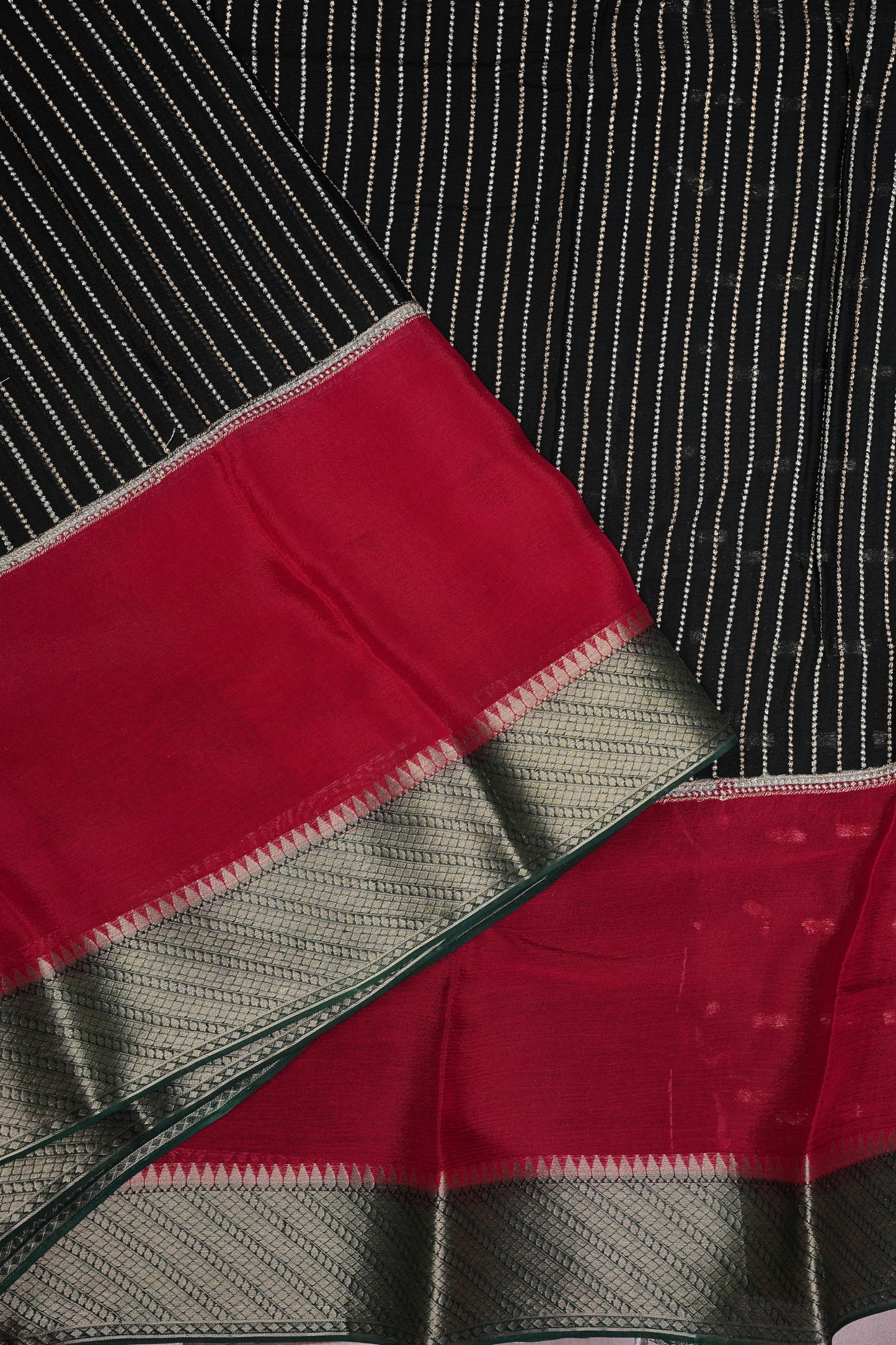 Georgette Crepe Silk Saree in Black with Red & Green Borders