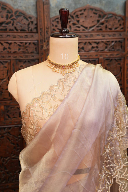 Party Wear Glass Tissue Saree with Embroidered Border & Designer Blouse – Lavender Purple