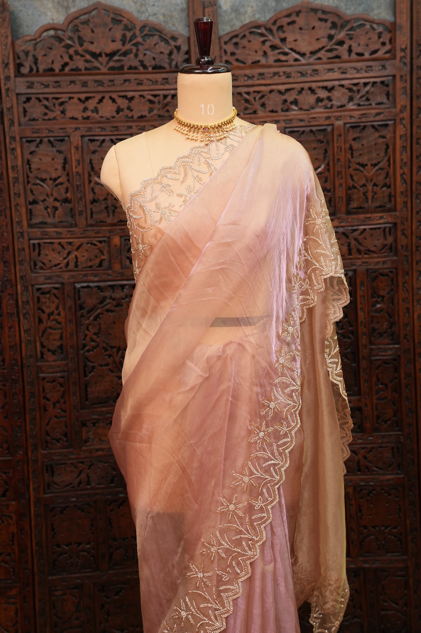 Party Wear Glass Tissue Saree with Embroidered Border & Designer Blouse – Peach