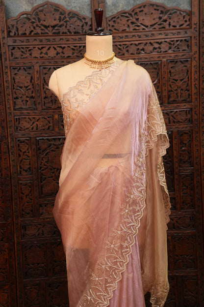 Party Wear Glass Tissue Saree with Embroidered Border & Designer Blouse – Peach