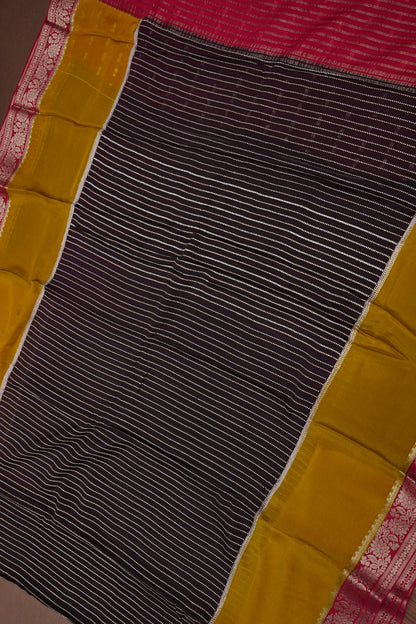 Georgette Crepe Silk Saree in Black with Mustard & Red Borders