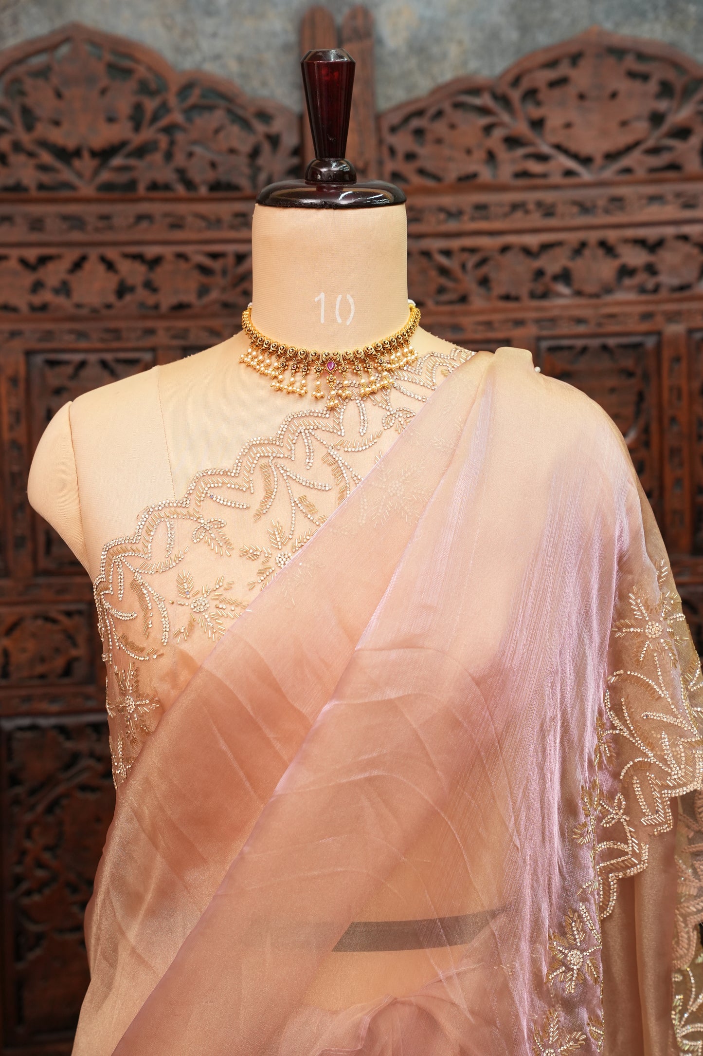 Party Wear Glass Tissue Saree with Embroidered Border & Designer Blouse – Peach