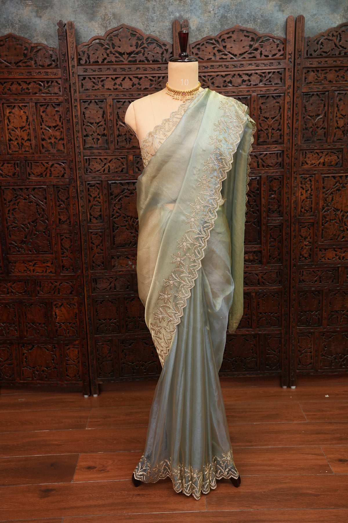 Party Wear Glass Tissue Saree with Embroidered Border & Designer Blouse – Sea Green