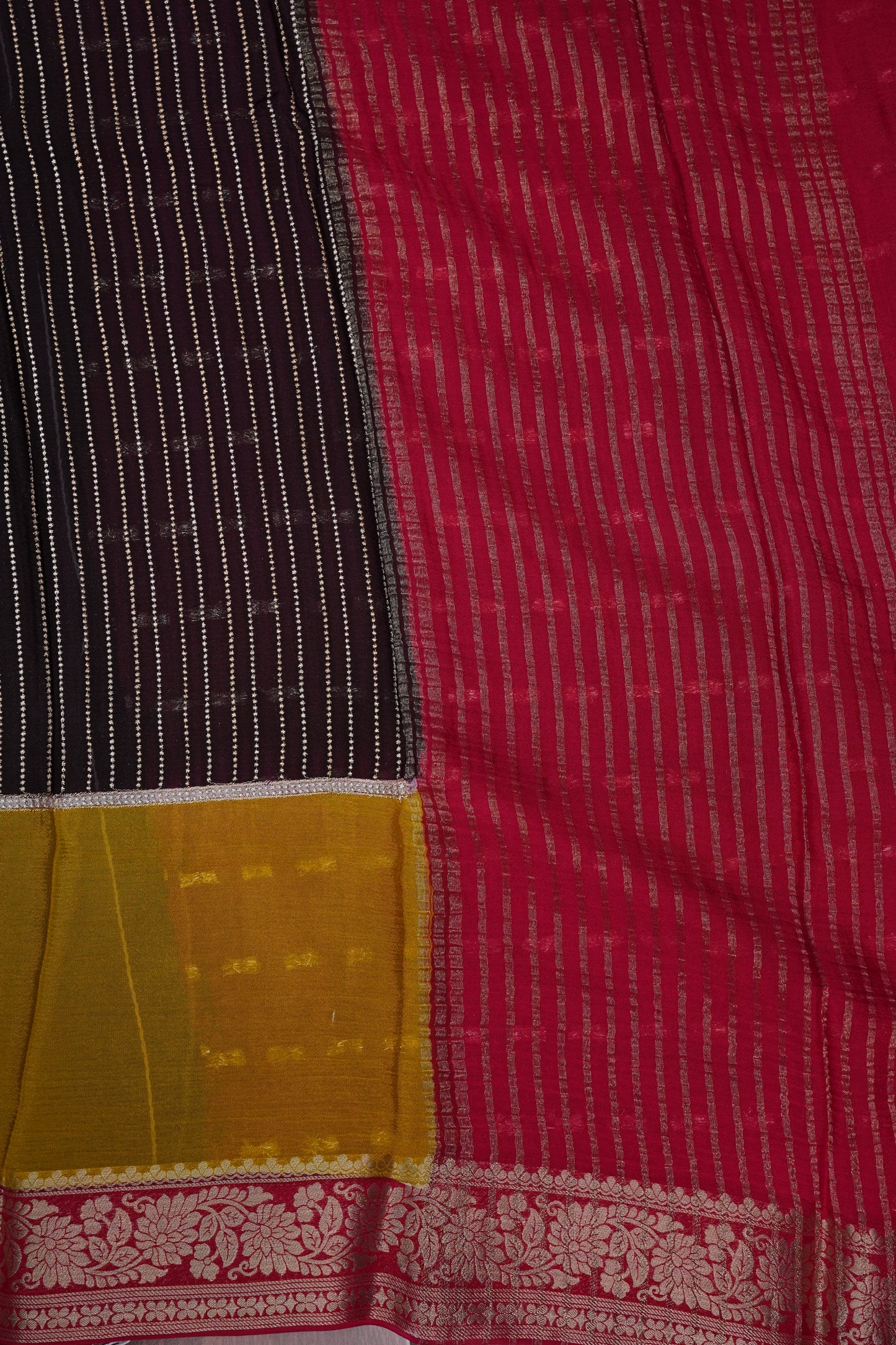 Georgette Crepe Silk Saree in Black with Mustard & Red Borders
