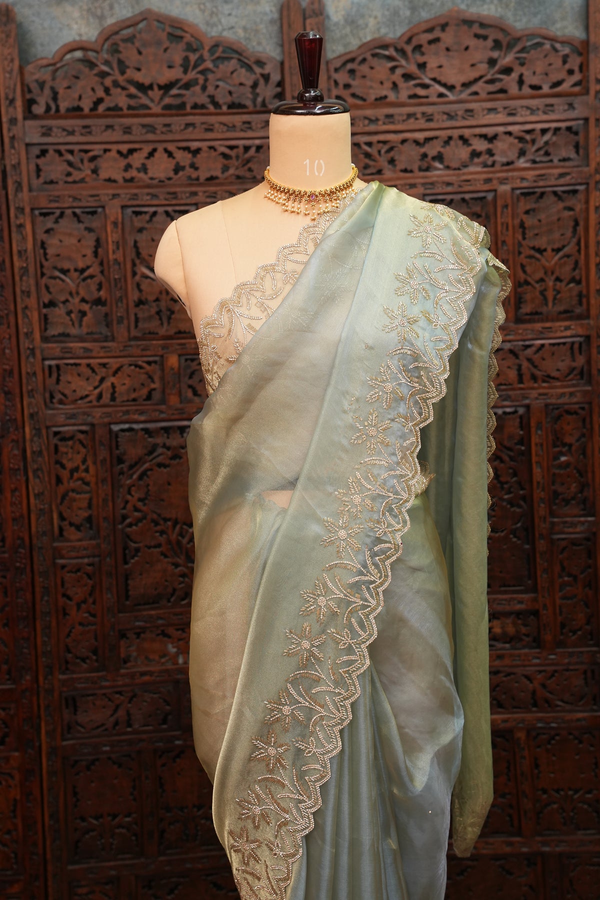 Party Wear Glass Tissue Saree with Embroidered Border & Designer Blouse – Sea Green