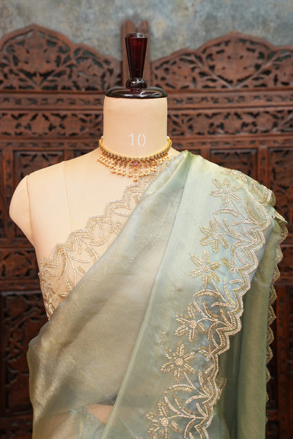 Party Wear Glass Tissue Saree with Embroidered Border & Designer Blouse – Sea Green