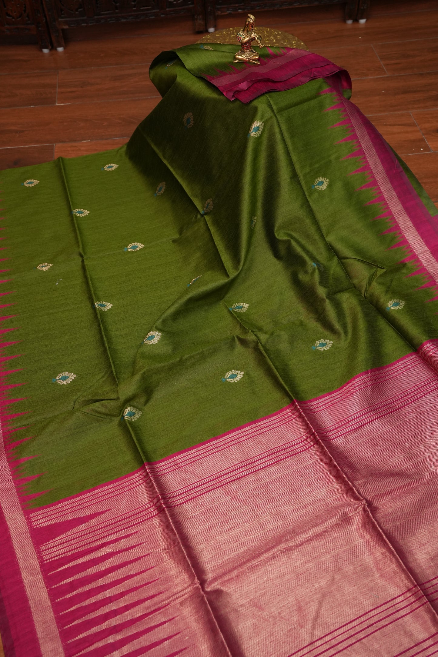 Semi Raw Silk Saree with Temple Border – Olive Green & Rani Pink