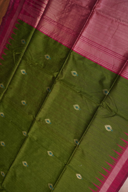 Semi Raw Silk Saree with Temple Border – Olive Green & Rani Pink