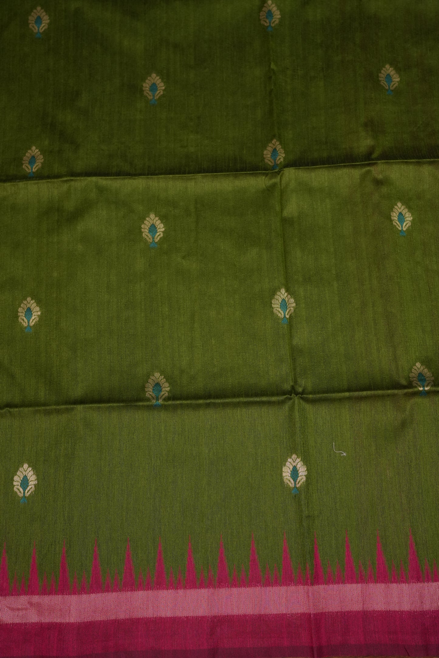 Semi Raw Silk Saree with Temple Border – Olive Green & Rani Pink