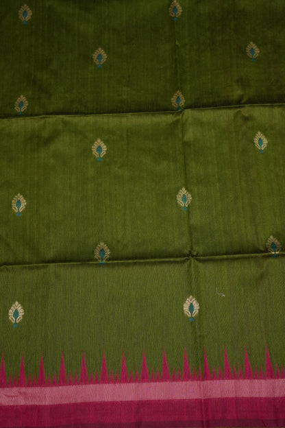 Semi Raw Silk Saree with Temple Border – Olive Green & Rani Pink