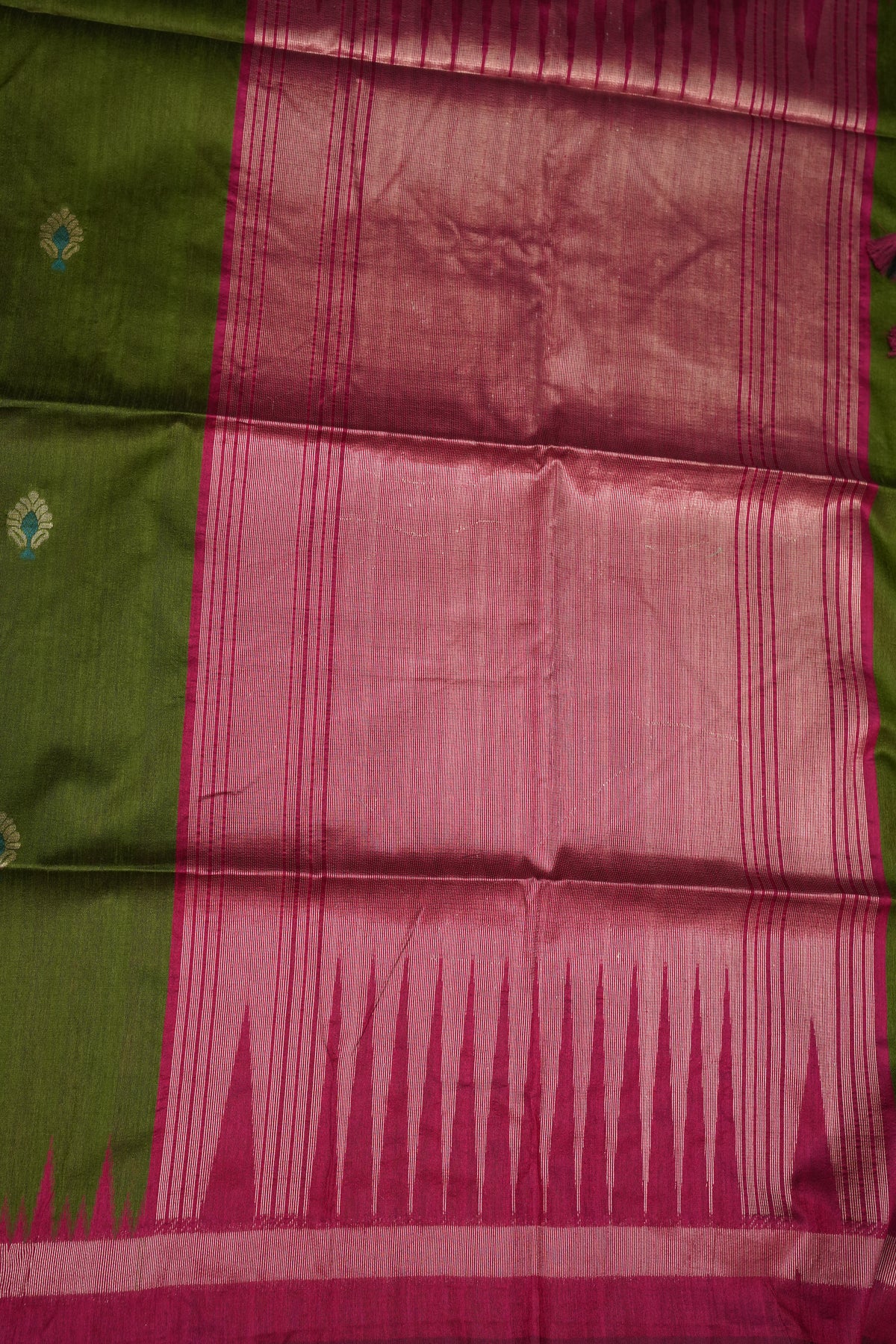 Semi Raw Silk Saree with Temple Border – Olive Green & Rani Pink