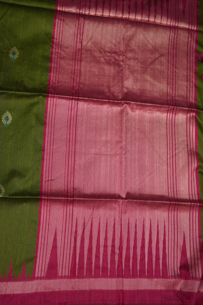 Semi Raw Silk Saree with Temple Border – Olive Green & Rani Pink