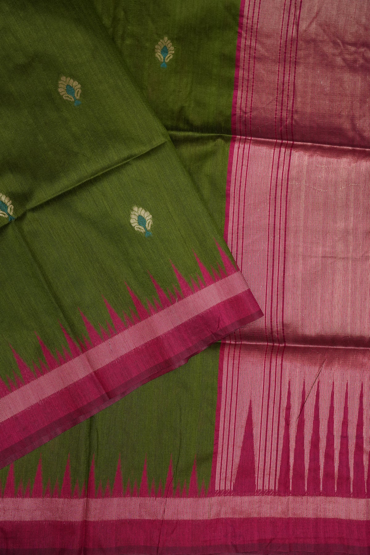 Semi Raw Silk Saree with Temple Border – Olive Green & Rani Pink