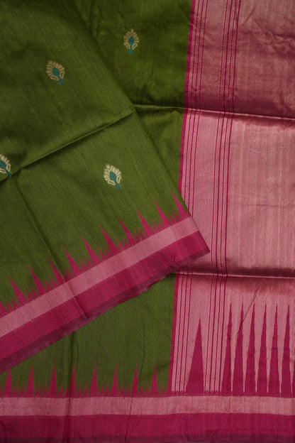 Semi Raw Silk Saree with Temple Border – Olive Green & Rani Pink