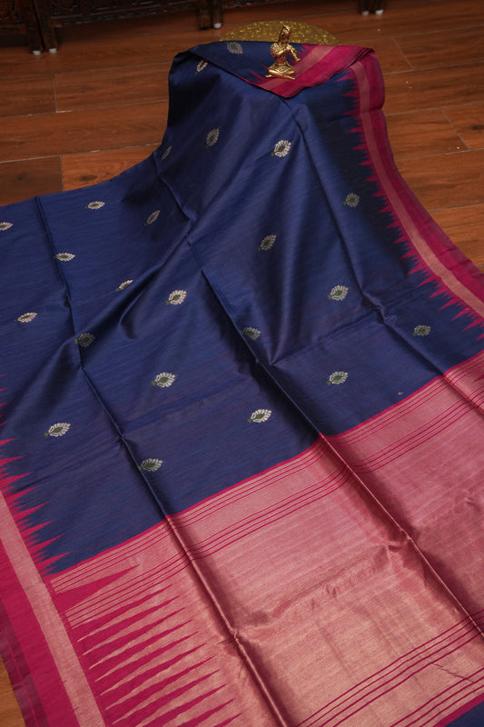 Semi Raw Silk Saree with Temple Border – Navy Blue & Rani Pink