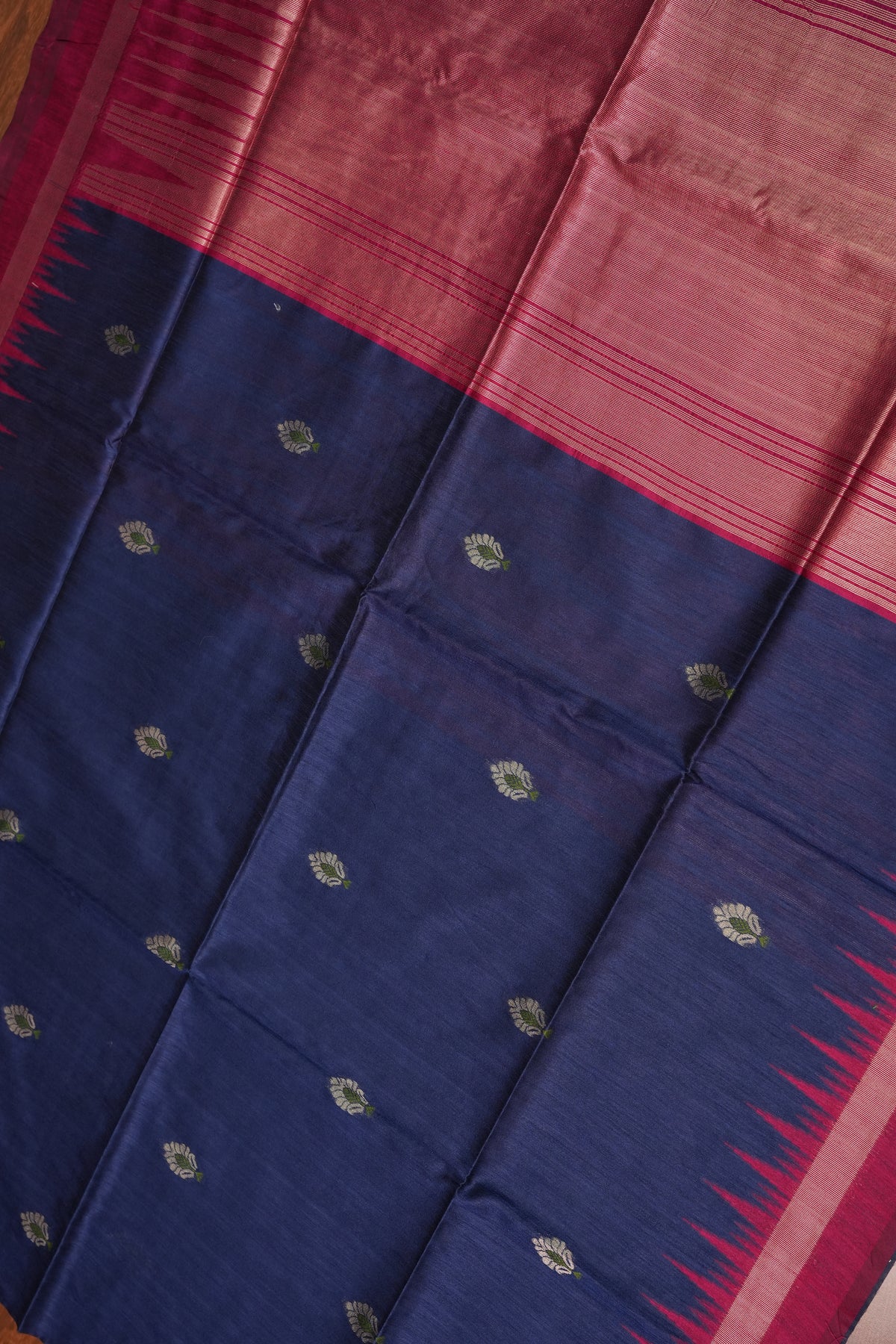 Semi Raw Silk Saree with Temple Border – Navy Blue & Rani Pink