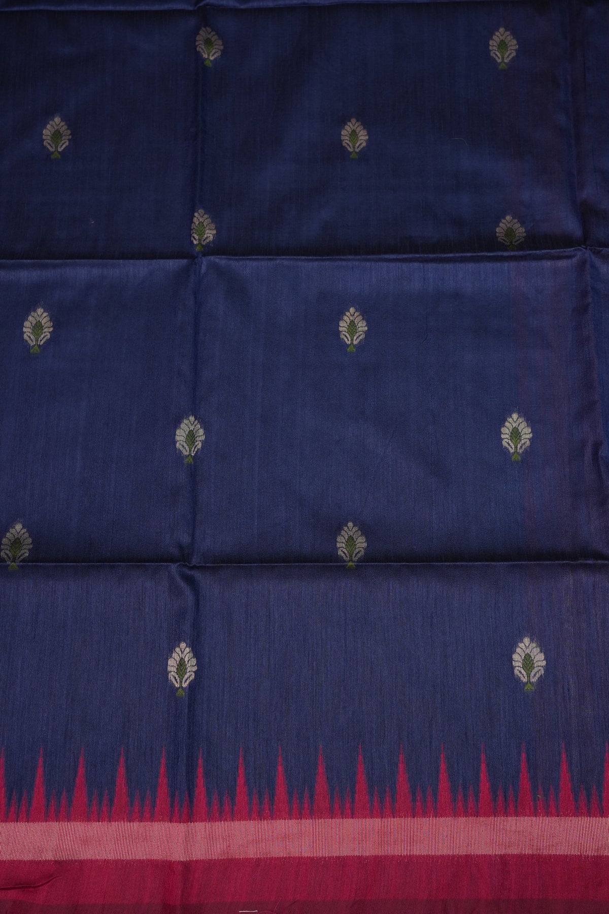 Semi Raw Silk Saree with Temple Border – Navy Blue & Rani Pink