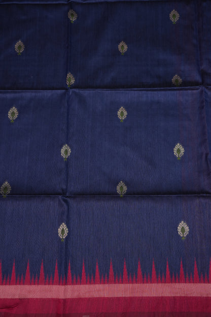 Semi Raw Silk Saree with Temple Border – Navy Blue & Rani Pink