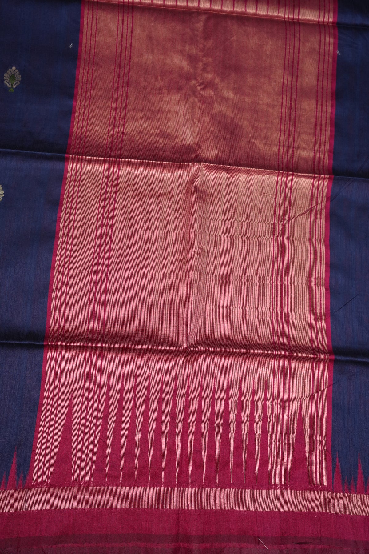 Semi Raw Silk Saree with Temple Border – Navy Blue & Rani Pink