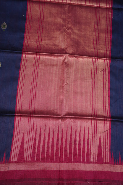 Semi Raw Silk Saree with Temple Border – Navy Blue & Rani Pink
