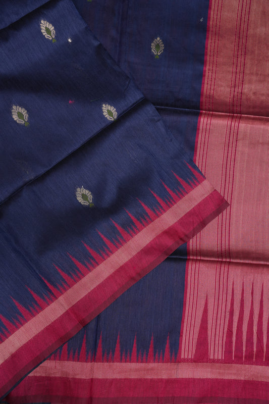 Semi Raw Silk Saree with Temple Border – Navy Blue & Rani Pink