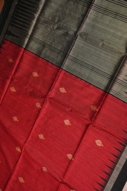 Semi Raw Silk Saree with Temple Border – Red & Black