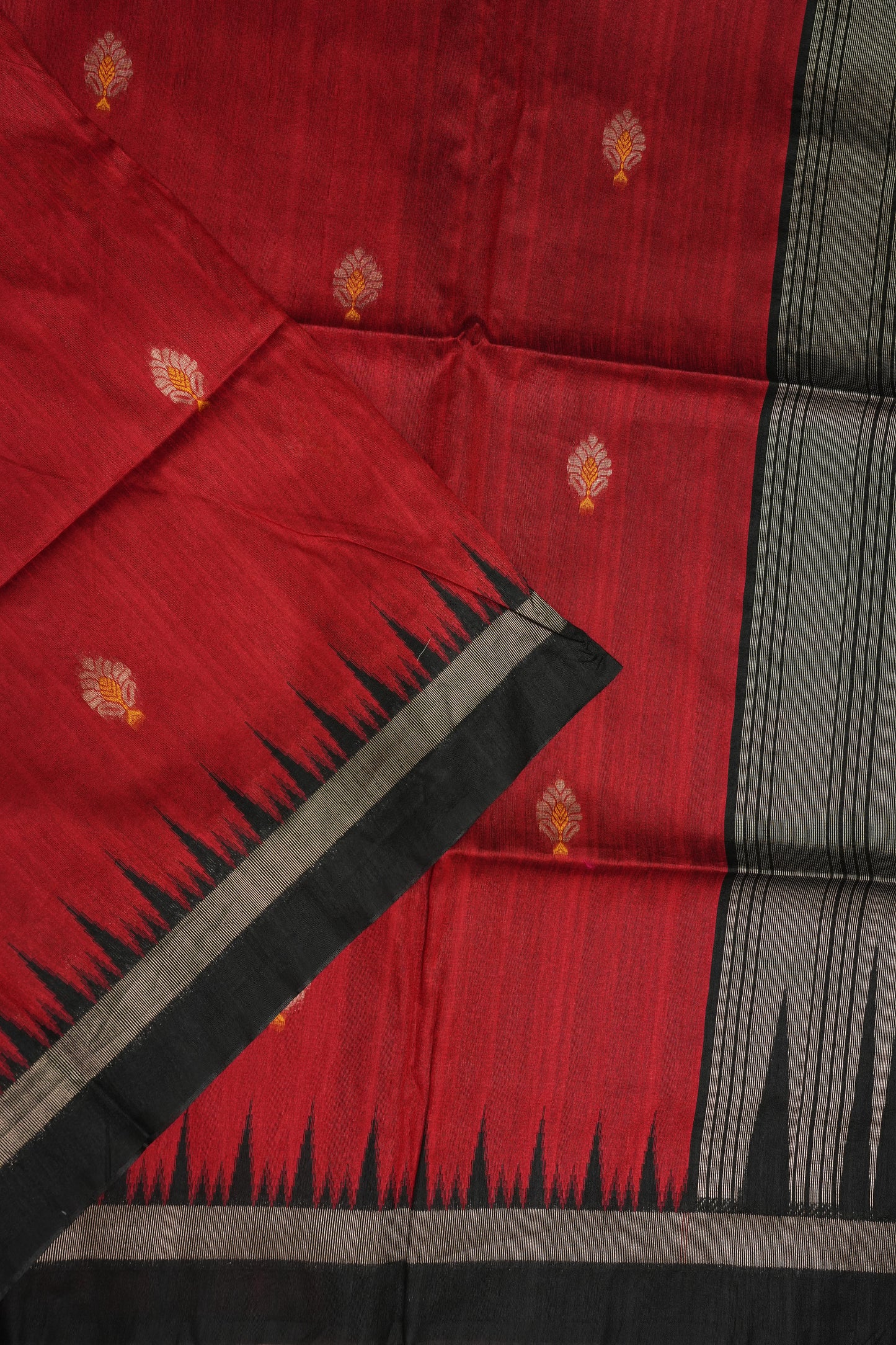 Semi Raw Silk Saree with Temple Border – Red & Black