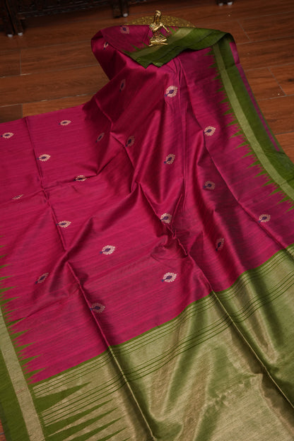 Semi Raw Silk Saree with Temple Border – Rani Pink & Olive Green